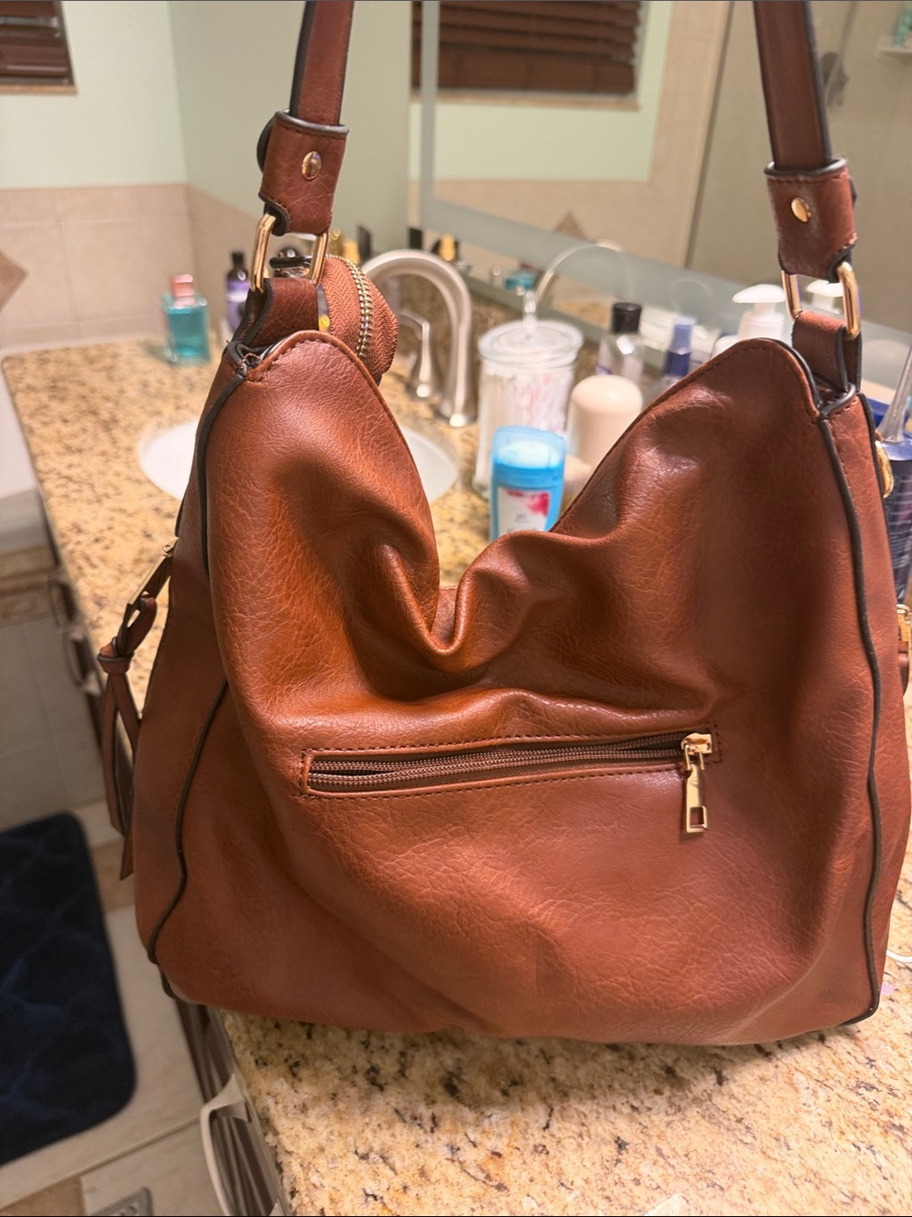 Classic Tan Shoulder Hobo Bag with Front Zip Pocket